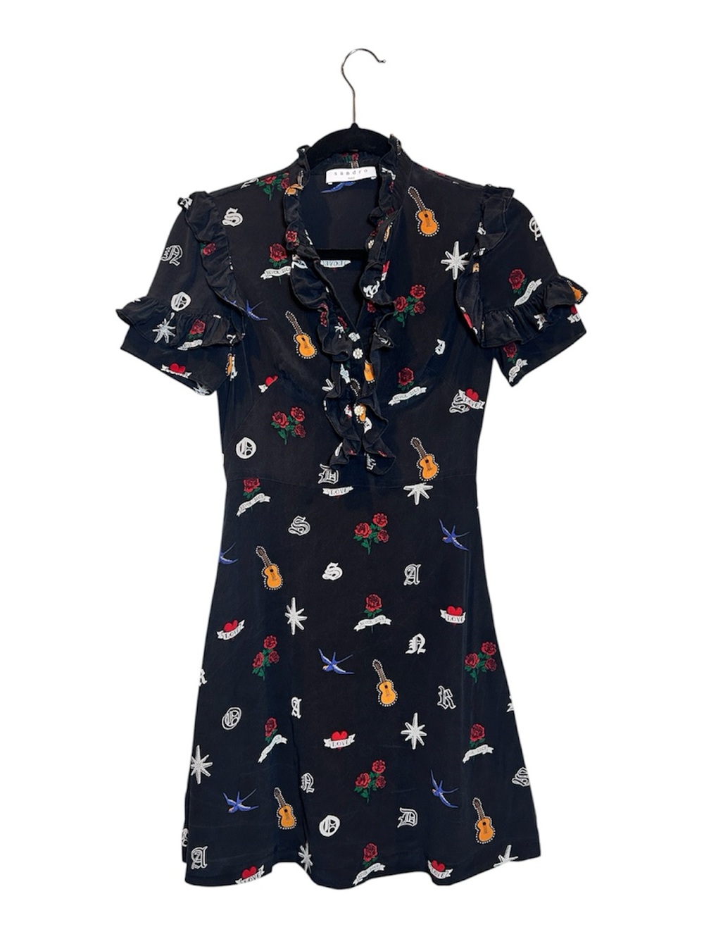 Sandro Paris 100% Silk Black Ruffle V-Neck Mini Dress with Floral & Guitar Motif